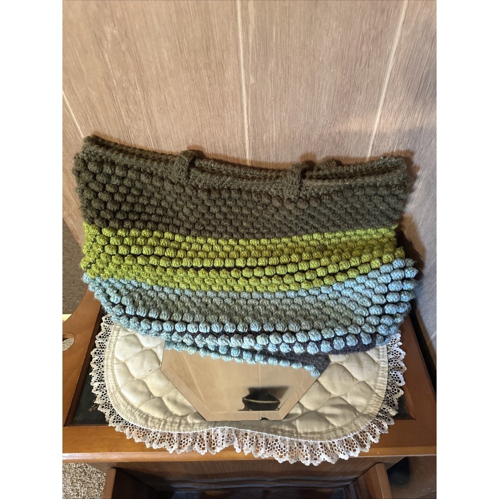 Vintage LargeDouble Handled Crochet‎ Bubble Stitch Hobo Bohemian Style Handbag